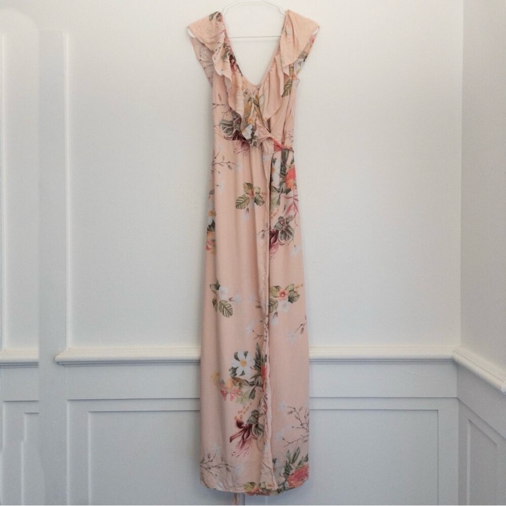 Plum Pretty Sugar Maxi Wrap Dress M/L Blush Floral Ruffle Rayon Boho Chic - Picture 2 of 8